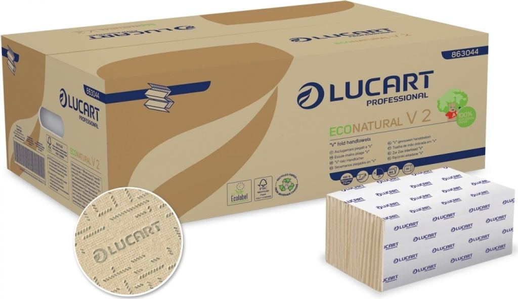 A product box of Lucart EcoNatural V2 paper towels, with a stack of paper towels in front of it.