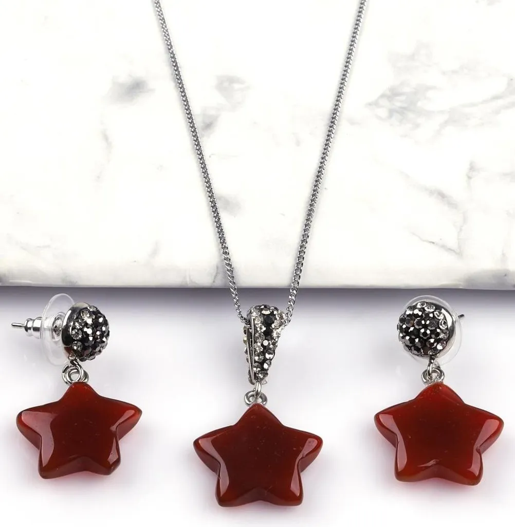 Parure en agate brune avec collier étoile et boucles d'oreilles 45 cm
