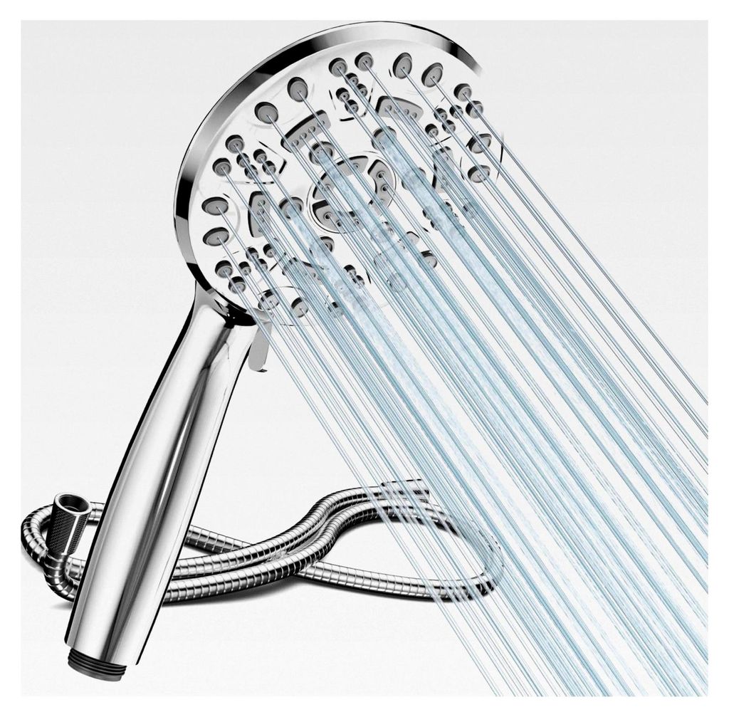 Duschkopf mit Schlauch, Hochdruck-Duschbrause mit 8 Strahlarten, druckerhöhend und wassersparend, große Regendusche Handbrause (Chrom)