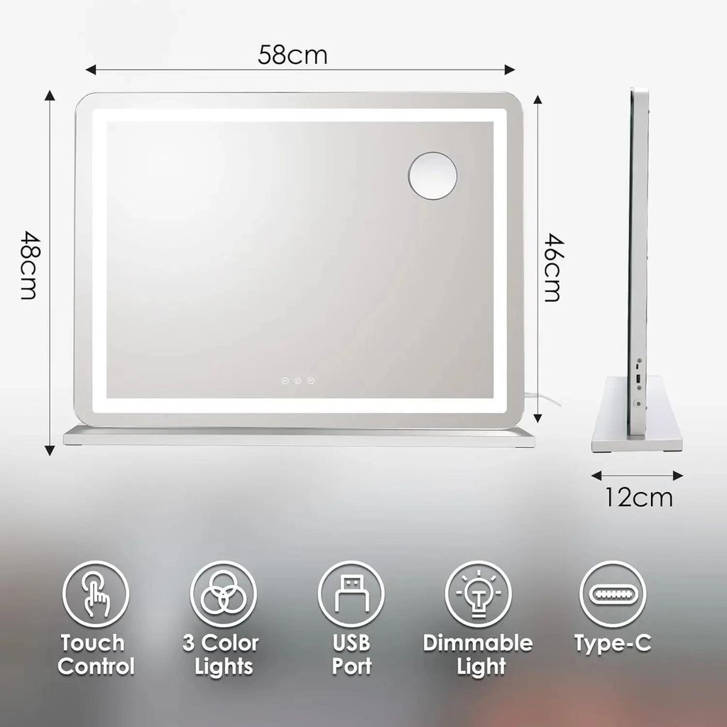 Schminkspiegel mit Licht - Hollywood LED Kosmetikspiegel - 58x46 cm - 3 Lichtfarben - Dimmbar Touchscreen - Tischspiegel für Schminktisch - Weiß