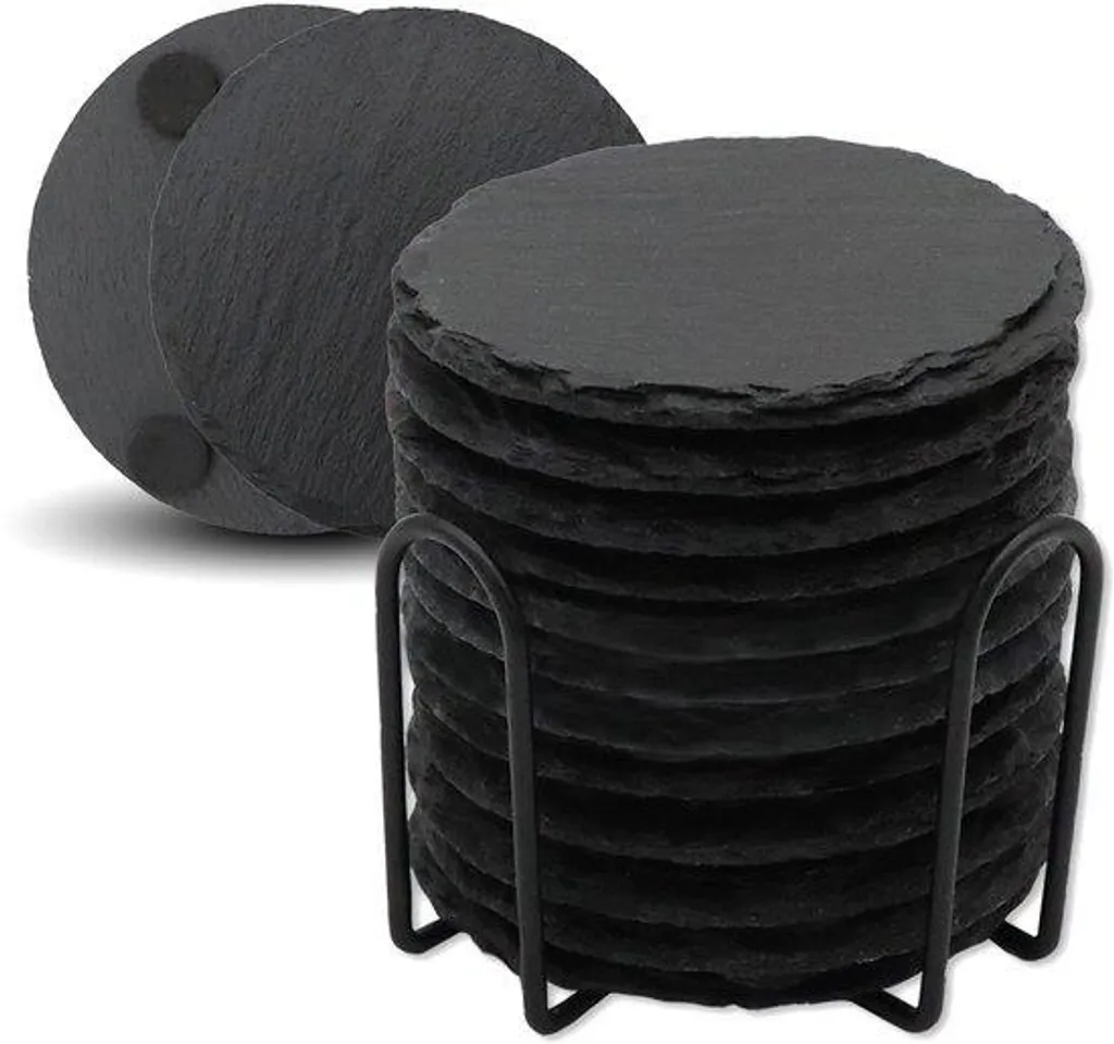 Accessoires de bar : 12 sous-verres en ardoise noire et leur support