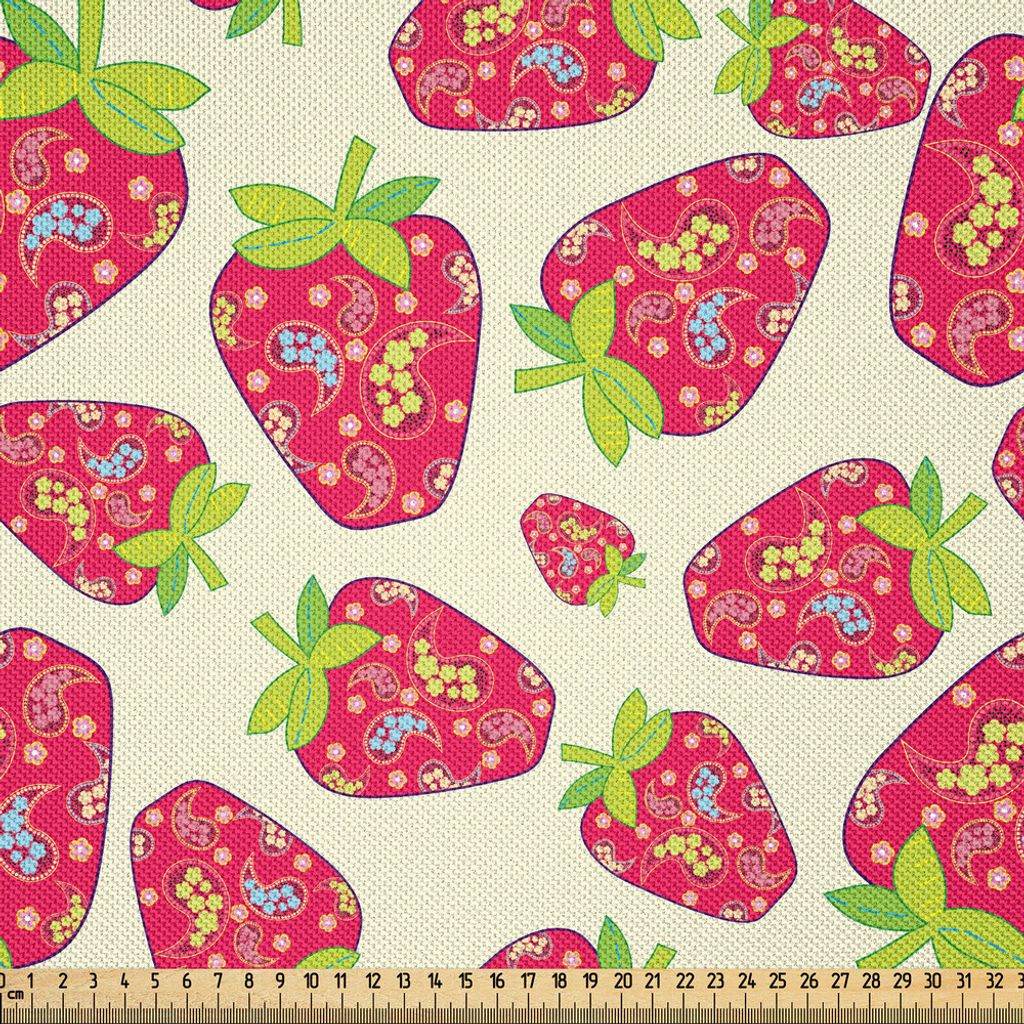 ABAKUHAUS Erdbeere Satin Stoff als Meterware, Tropisches Sommer-Frucht-Muster Erdbeerzahlen mit traditionellen Paisley-Motiven, 10 M (148 x 1000 cm...
