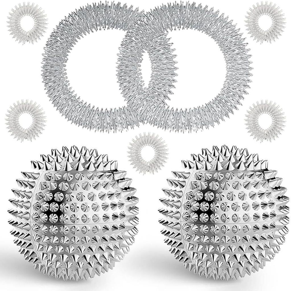 2 Stücke Magnetic Acupressure Balls &5 Akupressur Ring &2 Akupressur Armbänd, 32mm Igelball Klein Metall und Massageringe für finger für Stress...