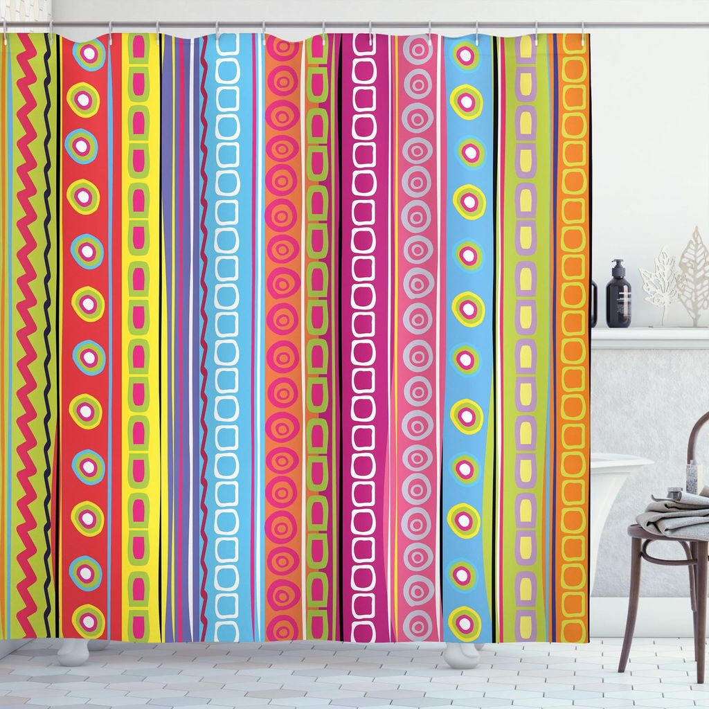 ABAKUHAUS Gestreift Duschvorhang, Tribale Motiven Bunte Zusammensetzung Retro Ethno Kunst Vertikale Streifen Muster, 175 x 200 cm, Mehrfarbig