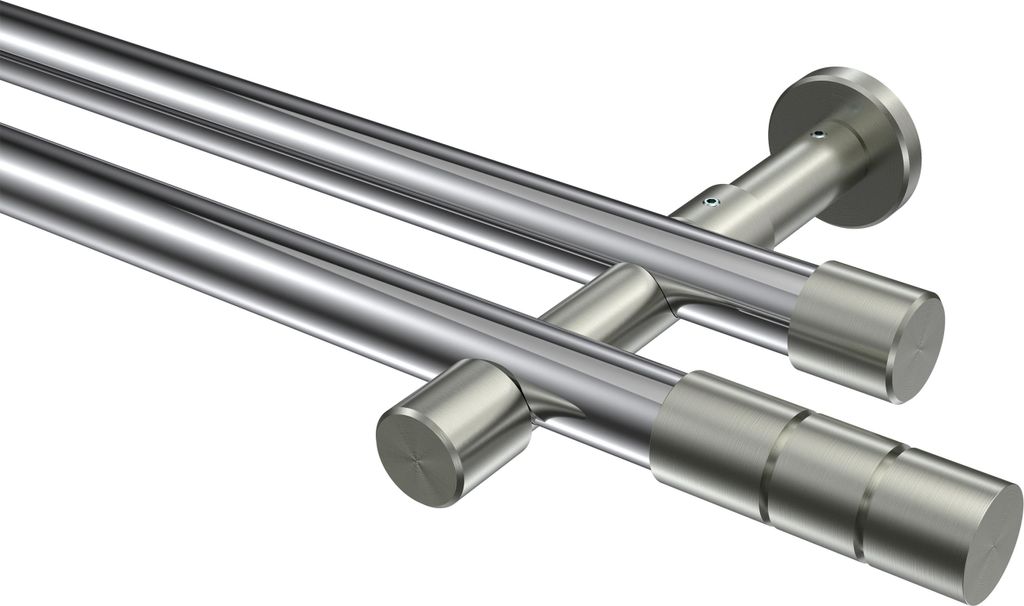 Interdeco Gardinenstange / Vorhangstange Chrom / Edelstahl-Optik, Typ Prestige Elanto (Rillenzylinder) ohne Ringe, 20 mm Ø 2-läufig, 240 cm