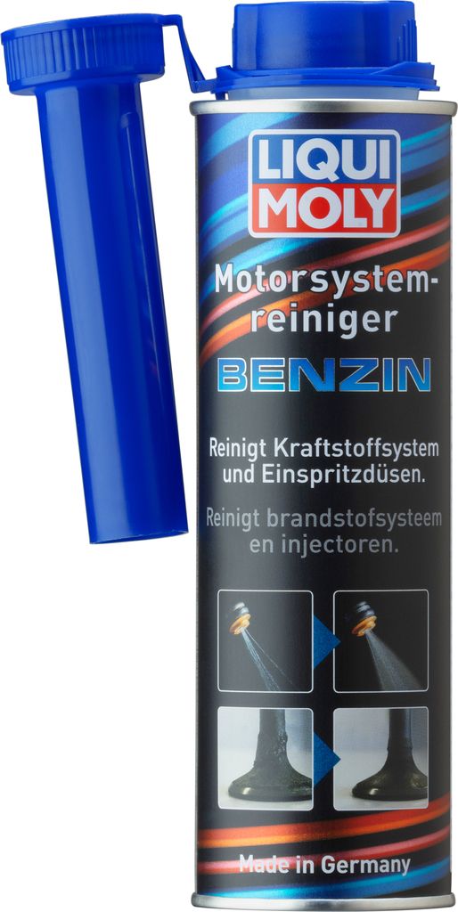 A can of Liqui Moly Motorsystemreiniger Benzin with a blue nozzle attached.