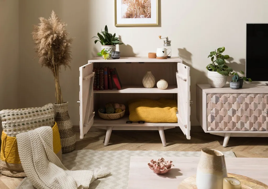 Commode en acacia laqué blanc avec façade relief MOSAYK