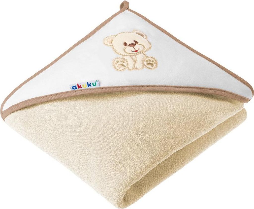 A folded baby hooded towel with a teddy bear embroidery.