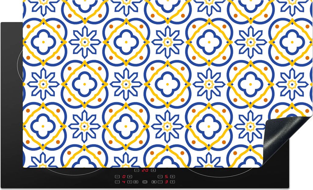 KitchenYeah Herdabdeckplatte Blume - Blau - Gelb - Kacheln - Muster , 91x52cm, Küche Deko, Glaskeramikkochfeld Herdabdeckung, Abdeckplatte fùr ...