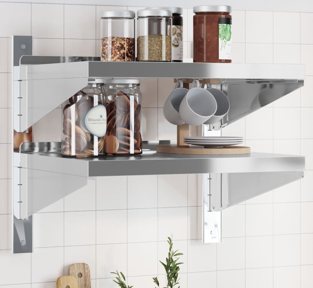Möbel Wandregal mit 2 Böden 50x40x48 cm Silbern Edelstahl - Wandregale 30315