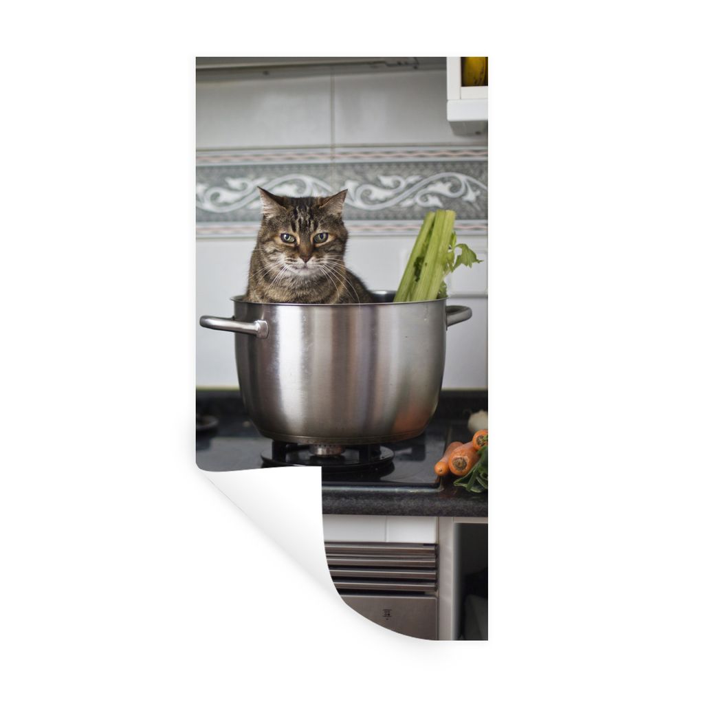MuchoWow Wandtattoo Wandsticker Wandaufkleber Katze - Pfanne - Küche 80x160 cm Selbstklebend und Repositionierbar - Sticker - Dekorfolie
