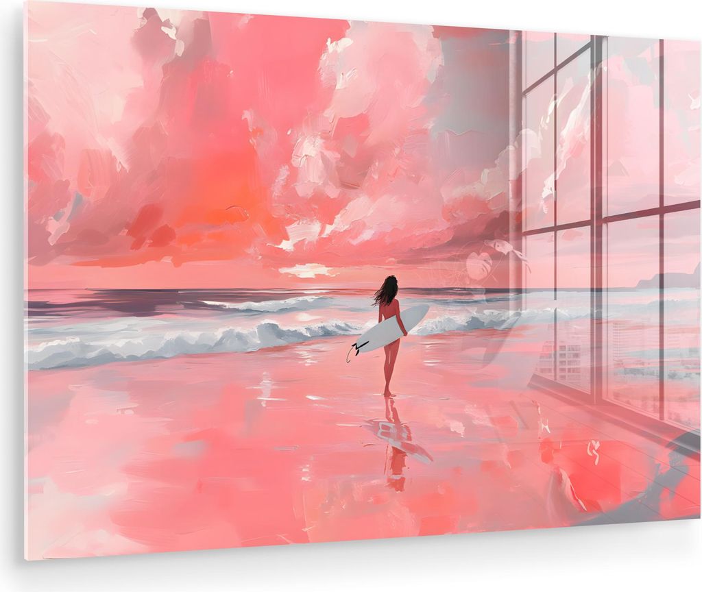 MuchoWow Glasbilder - Bilder auf Wandbild - Foto auf Glas Rosa - Surfen - Meer 90x60 cm Wanddekoration aus Glas - Acrylglasbild - Acrylbilder - Wan...