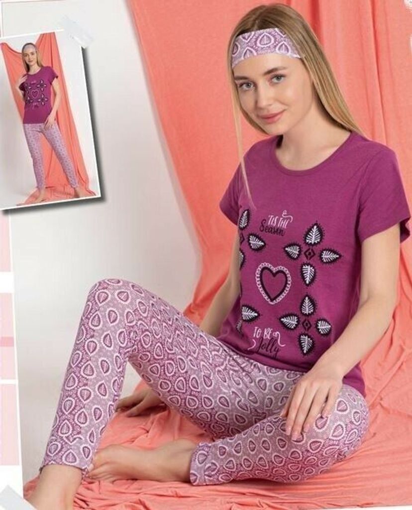Damen Pyjama Schlafanzug Lila L Kurz 3-Teiler Set mit Augenband S-82