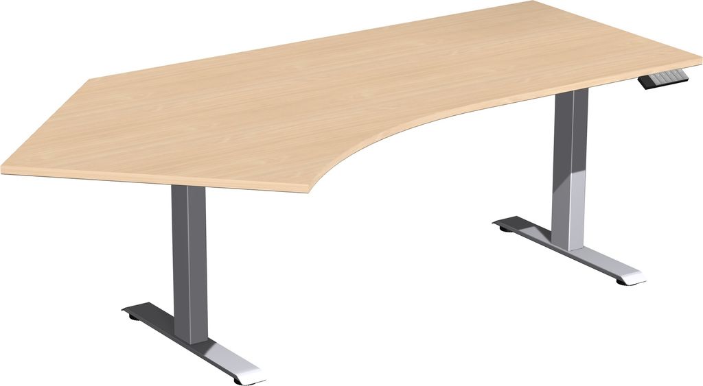 PC-Schreibtisch, elektr. höhenverstellbar, BxTxH 2166x800/1130x630-1280 mm, links, Melamin-Platte 25 mm, buche/silber
