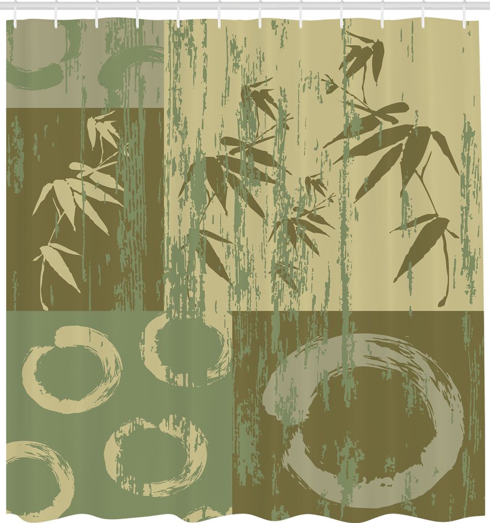 ABAKUHAUS Bambus Duschvorhang, Zen Kreis Und Bambus Silhouette Über Vintage Color Oriental Östlichen Patchwork Kunstdruck, Stoffliches Gewebe Bad...