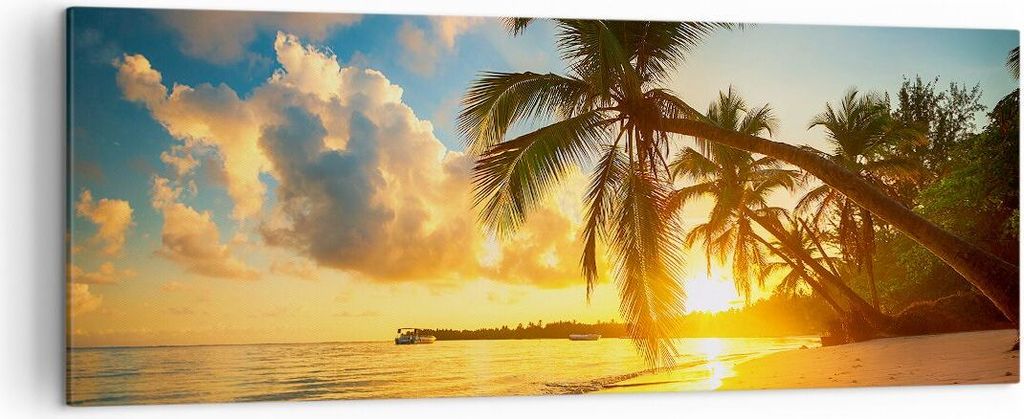 Bild auf Leinwand - Leinwandbild - Meer Strand Palme - 140x50cm - Wand Bild - Wanddeko - Wandbilder - Leinwanddruck - Bilder - Kunstdruck - Wanddek...