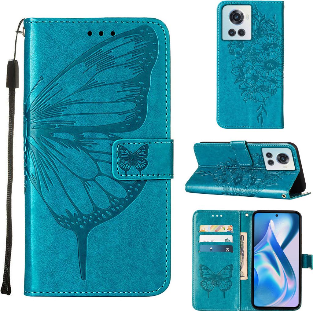 OnePlus Ace Hülle, Schmetterling Prägung Flip Leder Kartenfächer Schutzhülle Ledertasche mit Ständer für OnePlus Ace 5G Blau