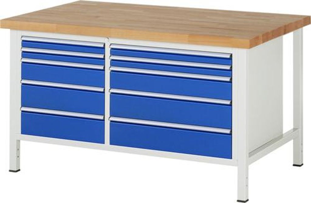 Werkbank mit 5 L, 5 XL Schubladen - Teilauszug - 60:4 / 120:2 / 150:4 - 840 x 1.500 x 900 mm (HxBxT) - Traglast 1.250 kg - Buche