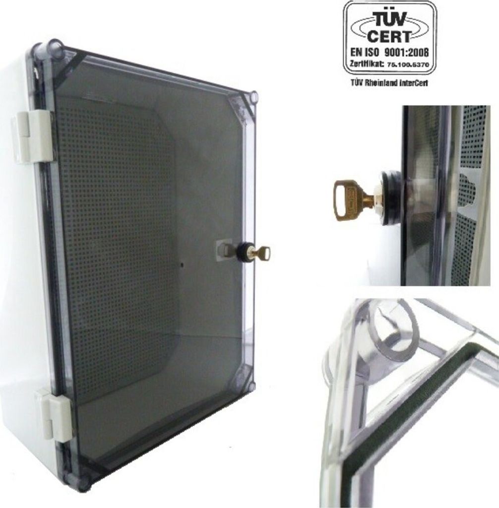 A collage of images showing a white electrical enclosure with a transparent gray door, a close-up of the lock mechanism, and a detail of the enclosure's frame.