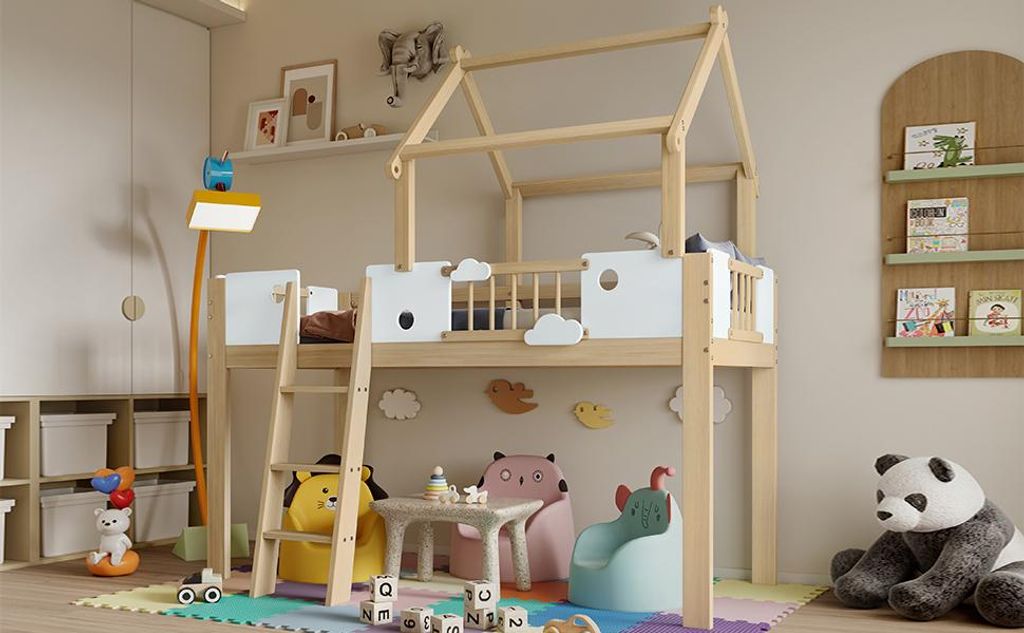 STILVORA Hochbett 90x200cm Kinderbett Hausbett mit Dachdesign und dreistufige Schrägleiter,Jugendbett mit Rahmen aus Kiefer und Fallschutz,ohne Ma...