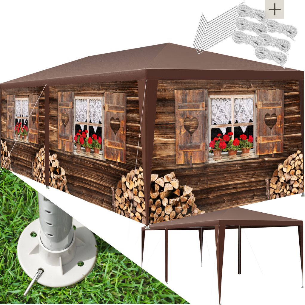 A collage showing a pavilion with a wooden chalet design, including a close-up of a ground stake and a separate image of a smaller, assembled pavilion.