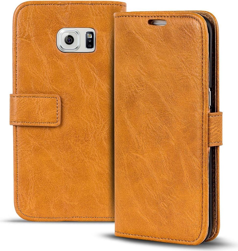 Conie Retro Klapp Hülle für Samsung Galaxy S6 Edge Kartenfach Tasche Rundumschutz in Gelbbraun