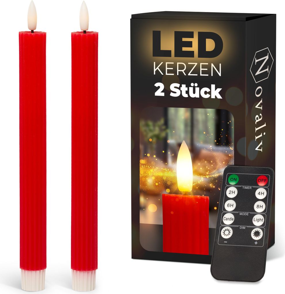 Stabkerzen LED mit Timer ROT 2er indoor mit 6 Stunden Timer - ECHTWACHS gerippt 23cm Höhe für Kerzen 2,2cm Durchmesser 2 AAA Batterien notwendig ...