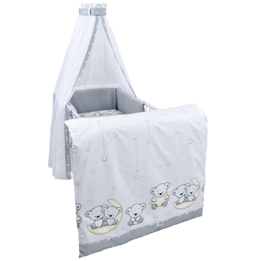 Baby Delux Baby Bettwäsche Bettset 4-tlg Bettausstattung Nestchen Waffelpique Himmel Teddy Grau