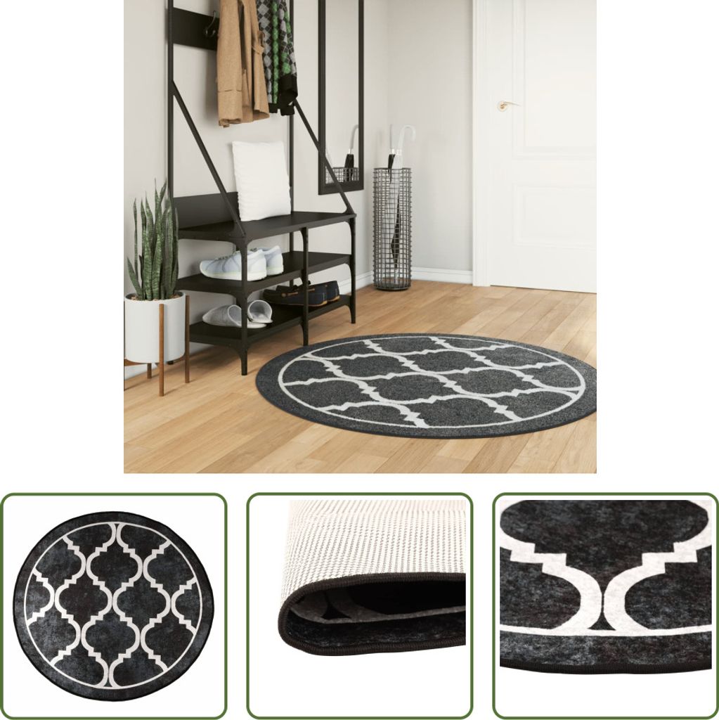 The Living Store Teppich Waschbar Schwarz und Weiß Ø 120 cm Rutschfest