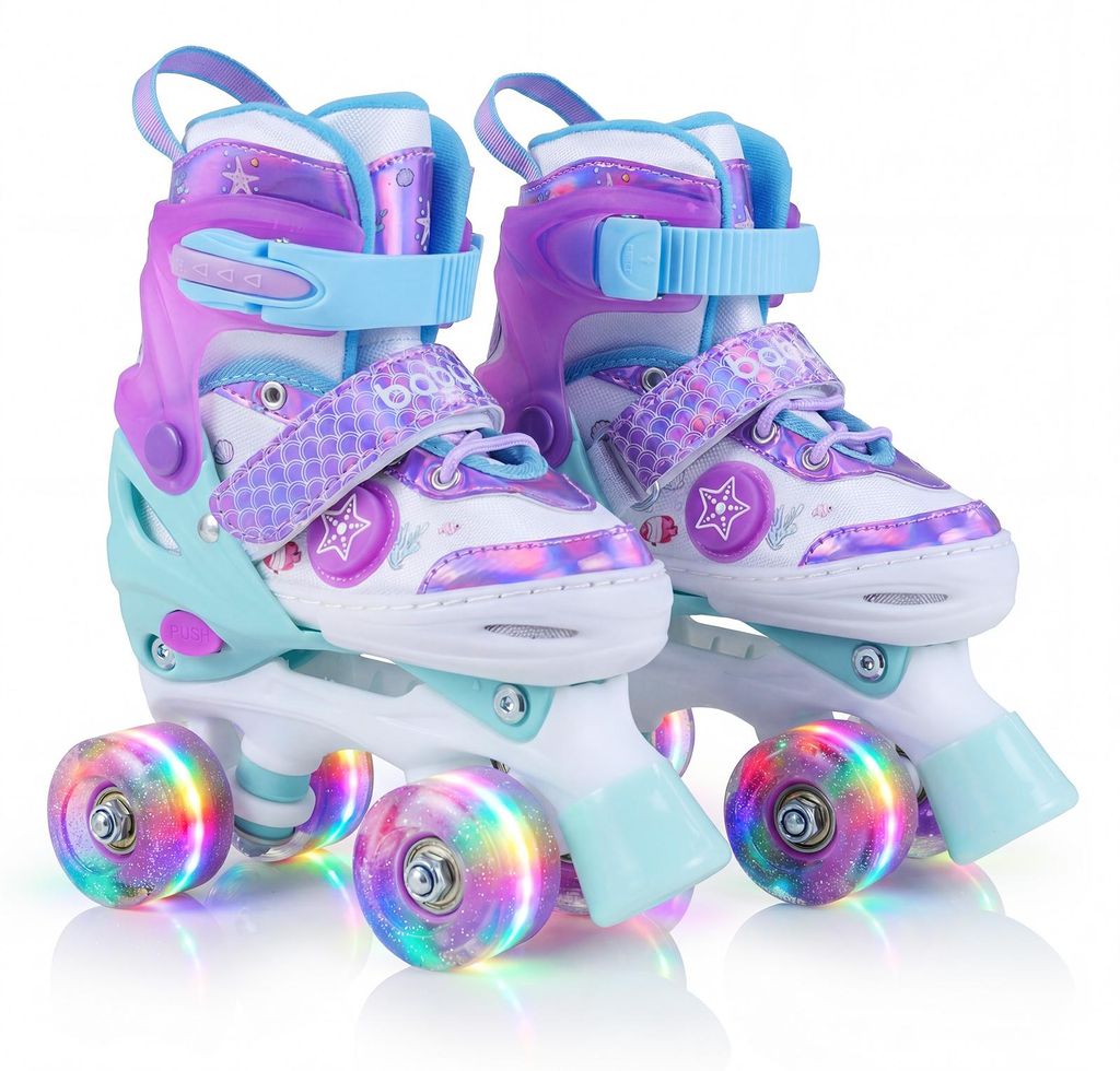 COSTWAY Rollschuhe, 4-fach verstellbare Quad-Skates mit leuchtenden Rädern&Sicherheitsausstattung, rollende Skates für Kleinkinder, Roller-Skates