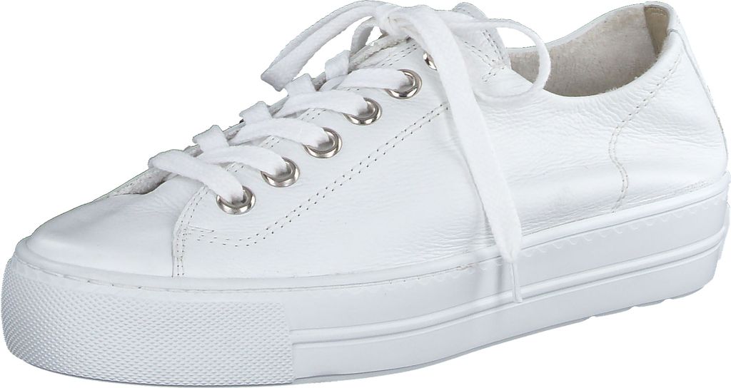 A white leather sneaker with laces and a thick white sole, shown from a side angle against a white background.