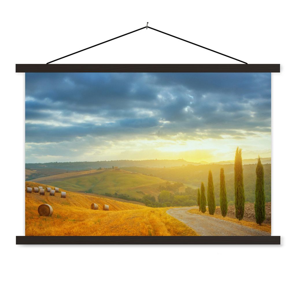 MuchoWow Textilposter Toskana - Heuballen - Sonne 60x40 cm mit schwarzem Rahmen - Hölzernes