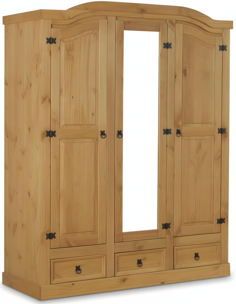 New Mexico Kleiderschrank 3 türig mit einer Spiegeltür, 2 getäfelten Türen und 3 Schubladen gelaugt, gewachst.