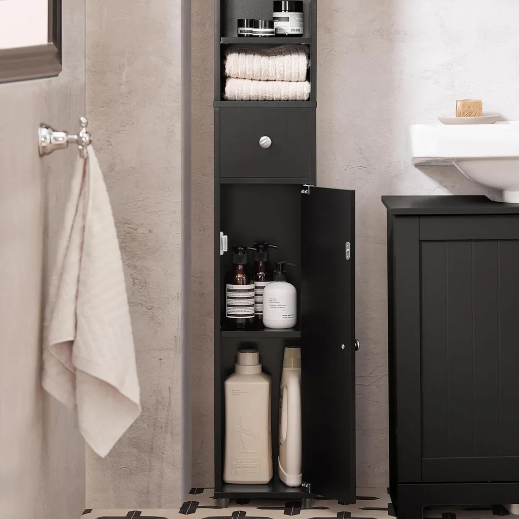 Meuble de salle de bain haut et étroit 5 compartiments rangement noir mat