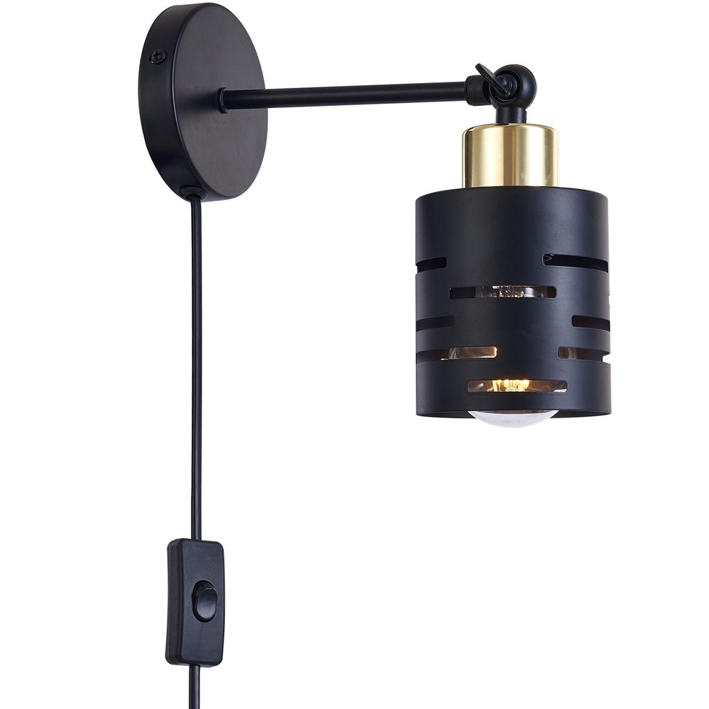 MasterLED Wandlampe E27 - Schwarz mit Gold - Schwenkbare Innenleuchte mit Stecker und Schalter - Modern und praktisch