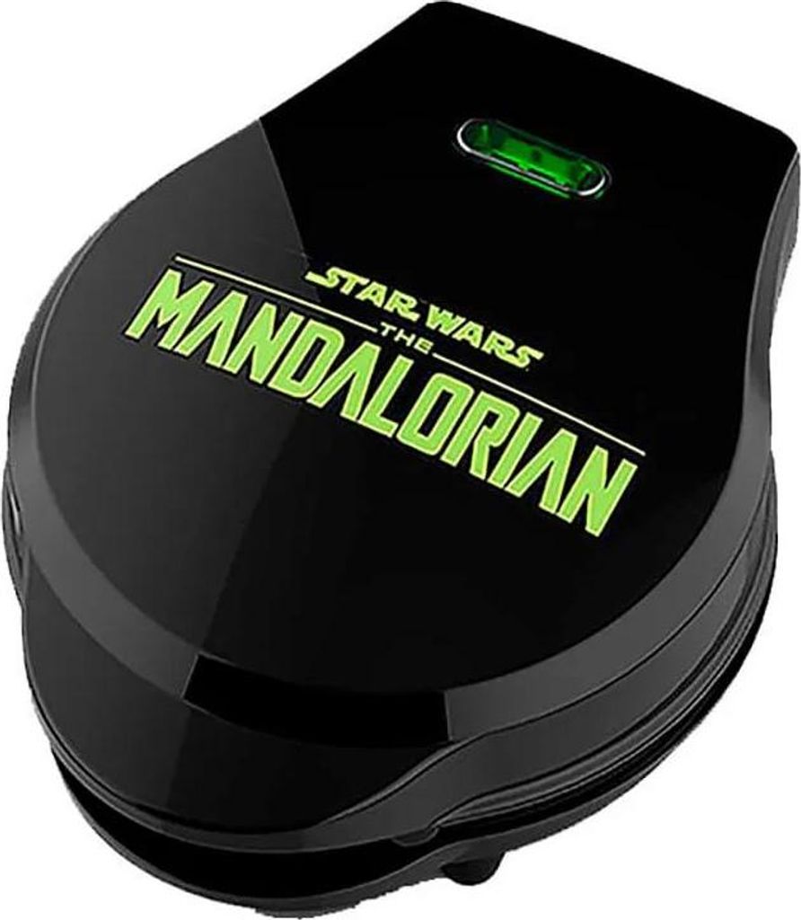A black waffle maker with the Star Wars The Mandalorian logo on top.