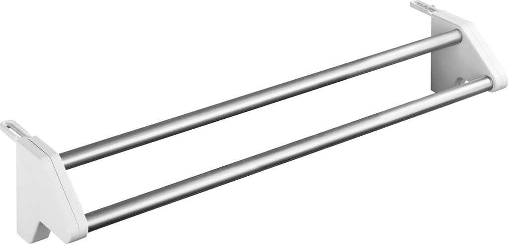 A product shot of a double towel rack designed to hang on a radiator.