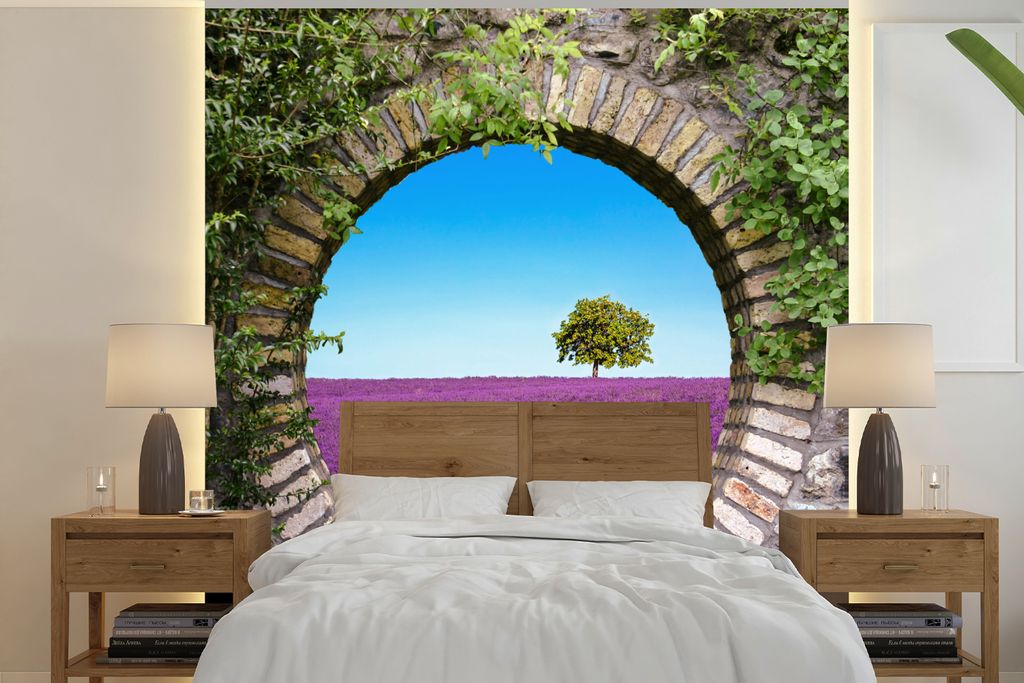 MuchoWow Fototapete für Wohnzimmer oder Schlafzimmer Wandtapete Vinyl Motivtapete Lavendel - Ausblick - Blumen - Sommer - 300x300 cm - Wanddekor...