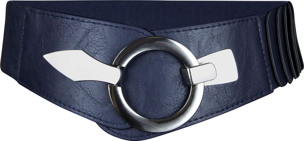 Elastischer Damen Taillengürtel, ca. 6 cm breiter Hüftgürtel mit silberner Ring-Schließe, Stretchgürtel, Navy, Größe 80