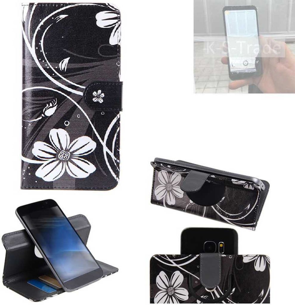 K-S-Trade Schutzhülle Handyhülle kompatibel mit Energizer Powermax P600S Hülle 360° Wallet Case ''Flowers'' Klapphülle Hülle schwarz-weiß 1x