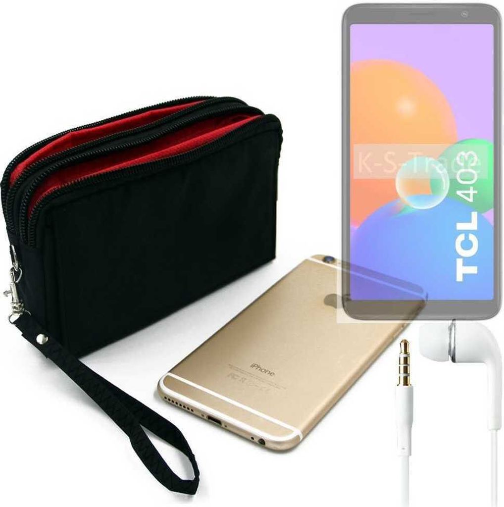 TOP SET kompatibel mit TCL 403 Handy Hülle Gürteltasche schwarz + Kopfhörer Travel Bag Travel-Case mit Diebstahlschutz praktische Schutz Hülle