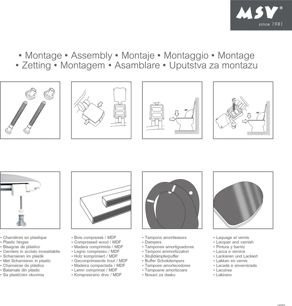 Sedile WC MSV Bianco in MDF - Copriwater Stabile con Cerniere - 2