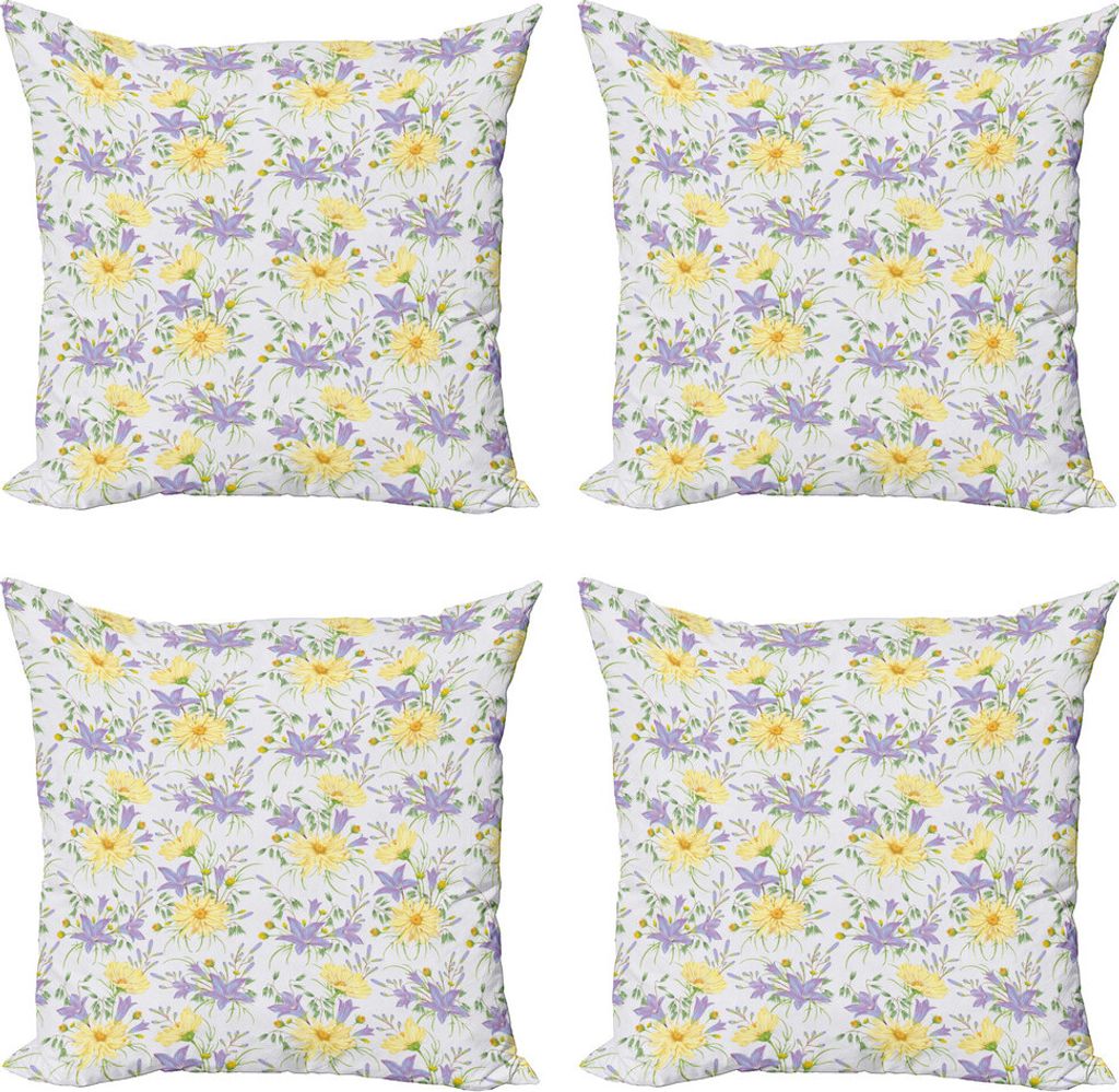 ABAKUHAUS Blumen Kissenbezug Set (4 Stück), Kamillen und Glockenblumen, Moderner Doppelseitiger Digitaldruck, 40 cm x 40 cm, Pale Lila Multicolor