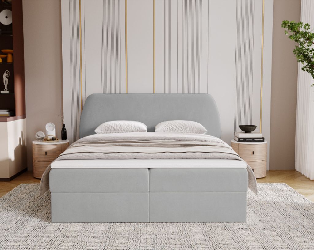 Kaiser Möbel Schlafzimmerbett Bloom mit abgerundetem Kopfteil, Stoff Komodo Hellgrau 180x200 cm