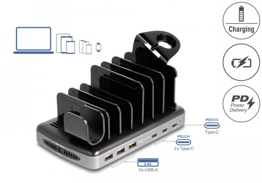 DELOCK USB Ladestation mit 3x USB-C PD + 3x USB-A (112 Watt)