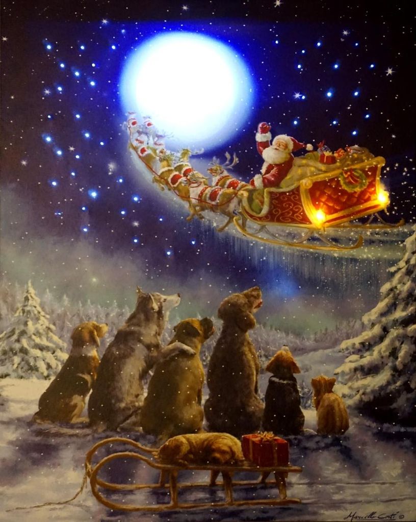Leuchtbild Hunde mit Mond Nikolaus Batteriebetrieb Wandbild LED Bild 30x40 cm
