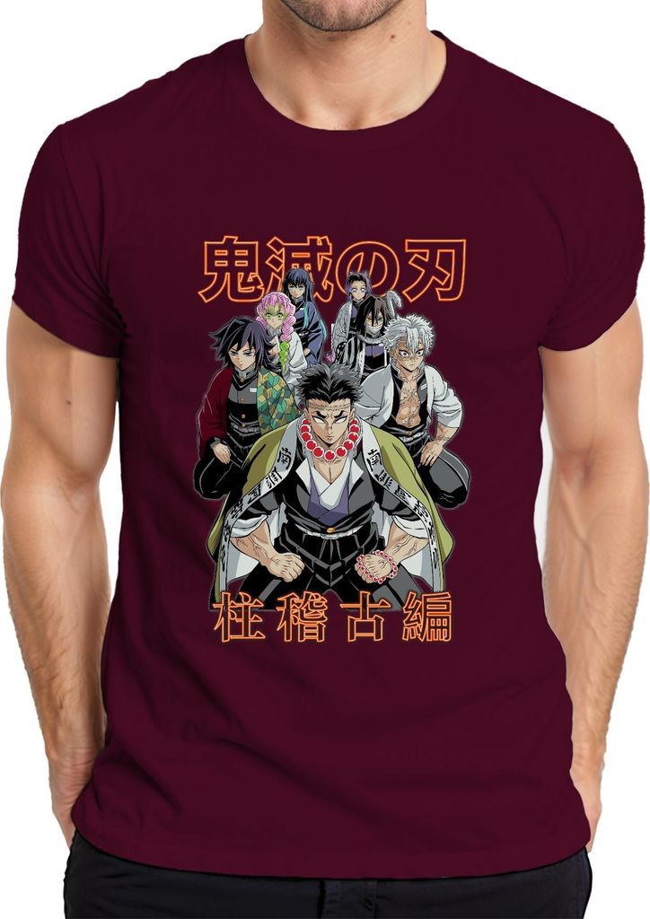 Kimetsu no Yaiba Hashira Dämonenjäger Anime Geschenk Japan Y2K Streetwear Herren T-Shirt, Burgundy, XXL