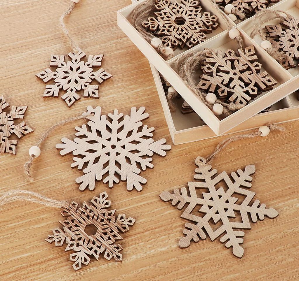 45-teiliges Schneeflocken Holz Set - Weihnachtsbaum Deko Mit Stiften Zum Bemalen
