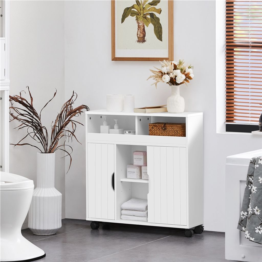A white bathroom cabinet with doors and shelves is shown in a bathroom setting, next to a toilet.
