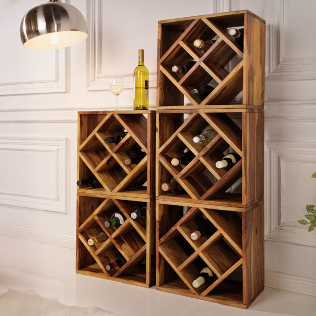 Massivholz Weinregal CUBUS 40cm braun Sheesham stone finish Produktbild 